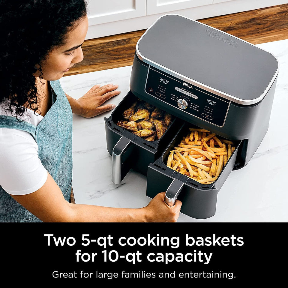 DZ401 Foodi 10 Quart 6-In-1 Dualzone XL 2-Basket Air Fryer with 2 Independent Frying Baskets, Match Cook & Smart Finish to Roast, Broil, Dehydrate & More for Quick, Grey (Renewed)